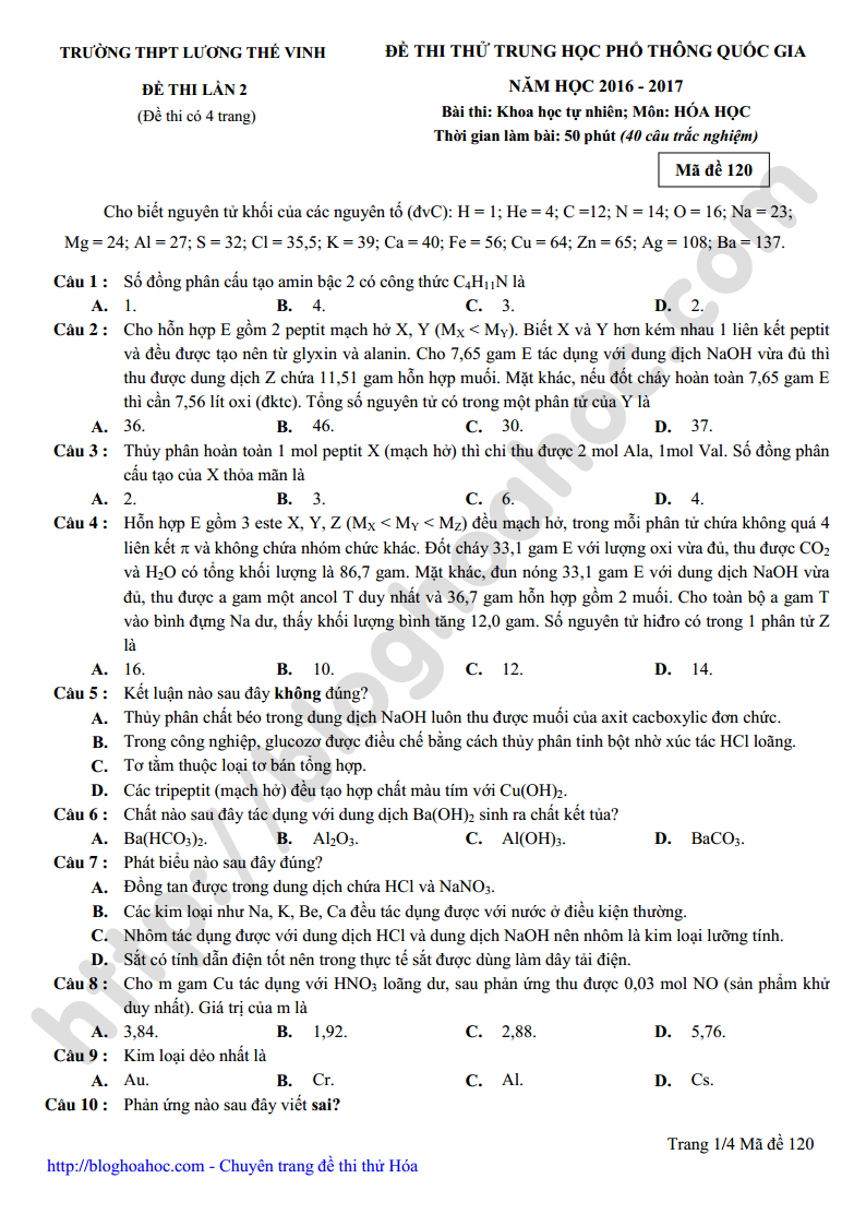Đề thi thử môn Hóa trường THPT Lương Thế Vinh Hà Nội có đáp án giải chi tiết