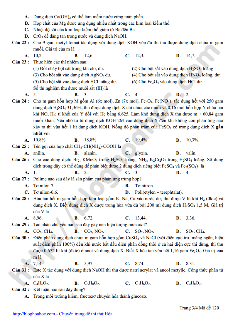 Đề thi thử môn Hóa trường THPT Lương Thế Vinh Hà Nội có đáp án giải chi tiết