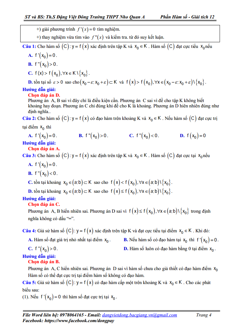 Chuyên đề Hàm số - Cực trị của hàm số - Bài tập có lời giải