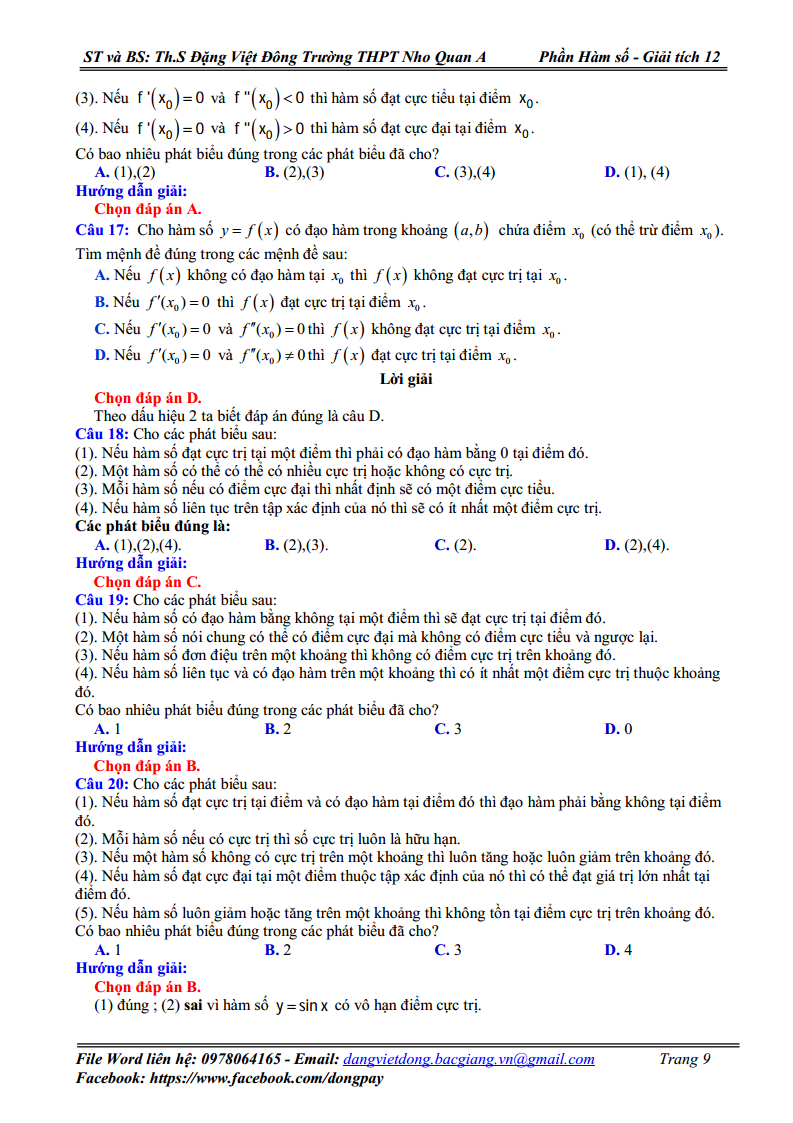 Chuyên đề Hàm số - Cực trị của hàm số - Bài tập có lời giải