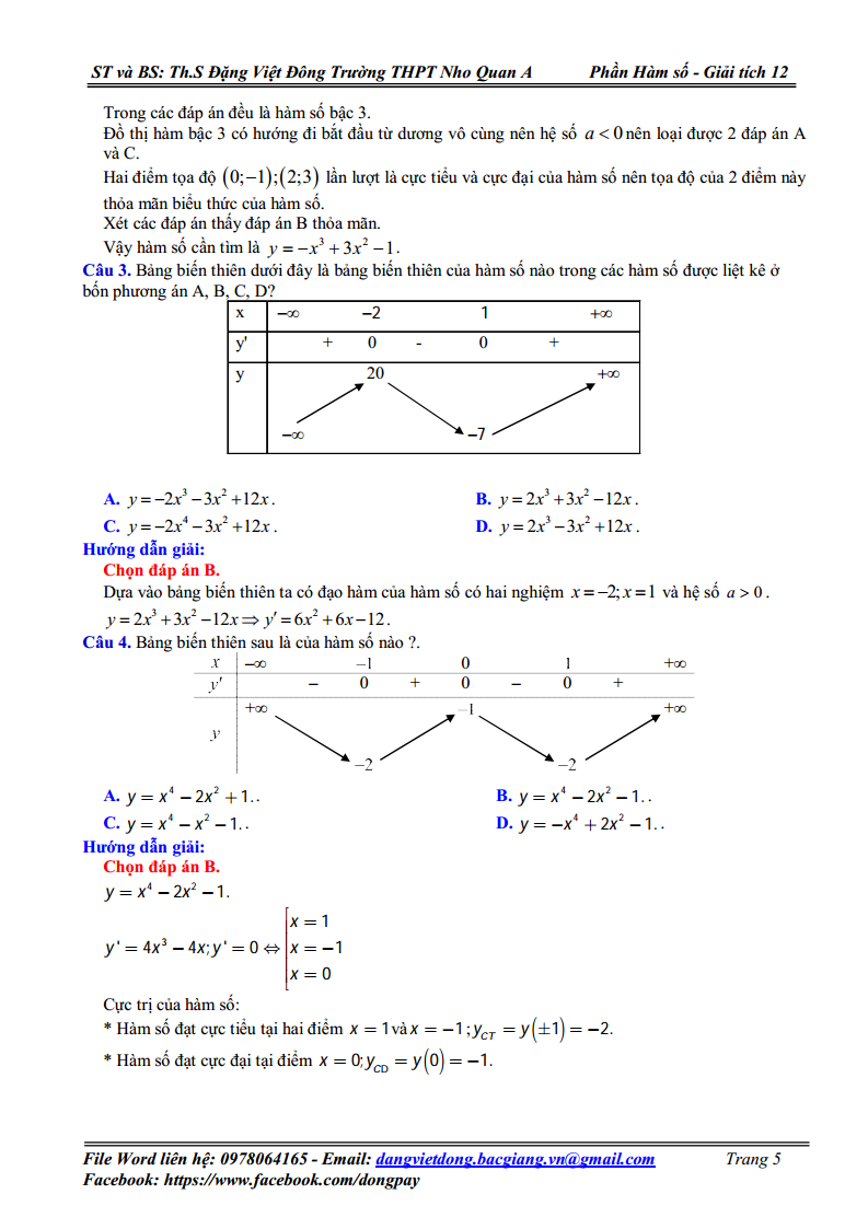 Chuyên đề hàm số - Bảng biến thiên và Đồ thị của hàm số - Hướng dẫn giải chi tiết