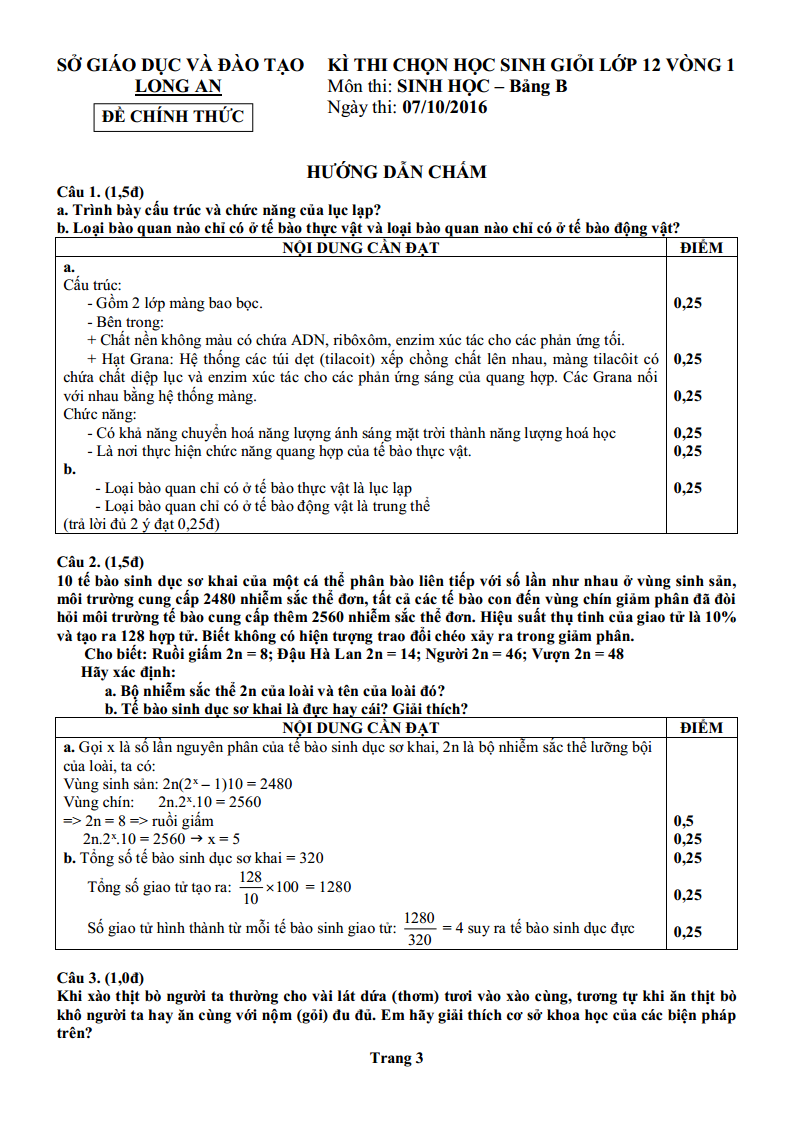 Đề thi HSG lớp 12 – Bảng B môn Sinh tỉnh Long An năm học 2016 – 2017