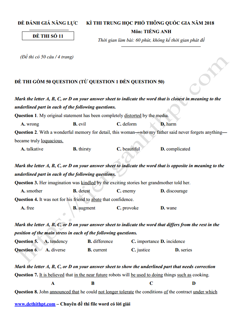 4 mã đề thi thử Tiếng Anh THPT Quốc Gia năm 2018 - phần 3 - tienganhthpt