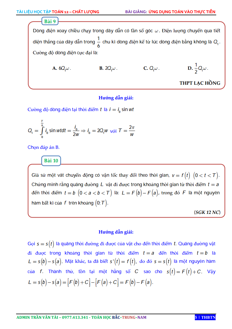 Ứng dụng tích phân để giải bài toán thực tiễn - Bài tập giải chi tiết