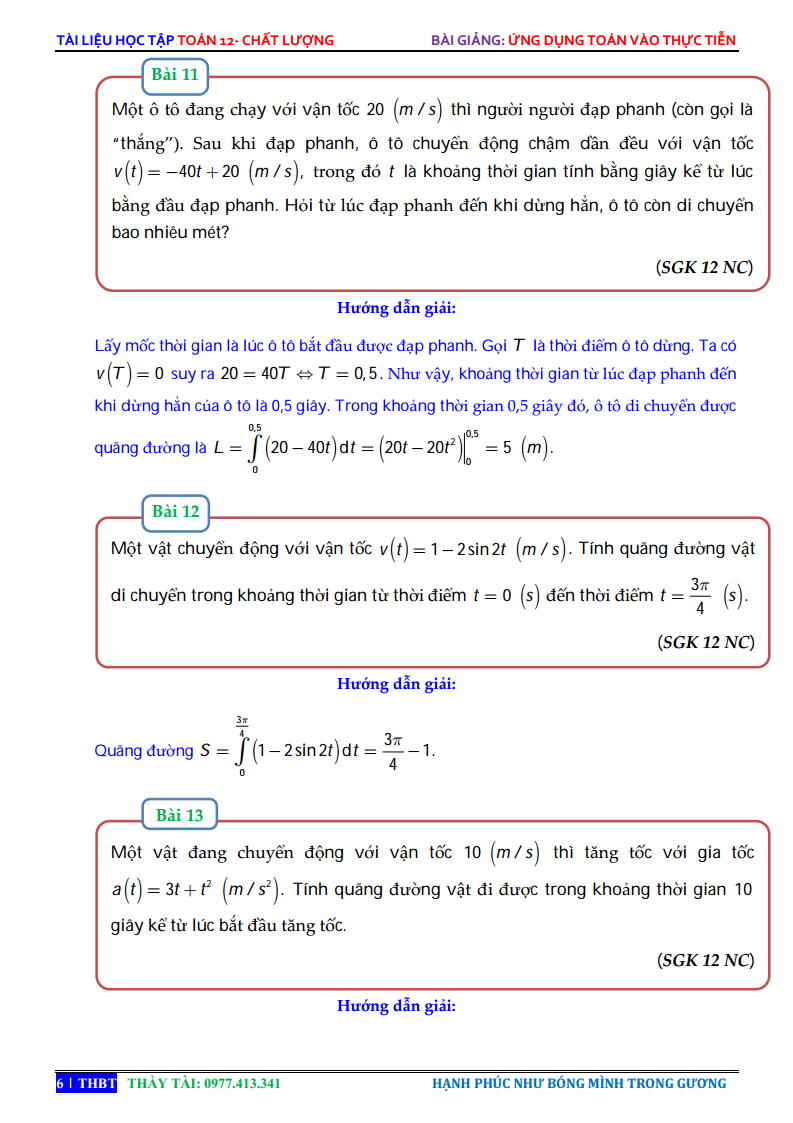 Ứng dụng tích phân để giải bài toán thực tiễn - Bài tập giải chi tiết