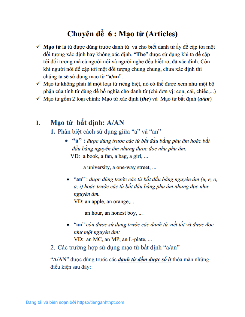 Chuyên đề 6 - Cách sử dụng mạo từ trong tiếng Anh