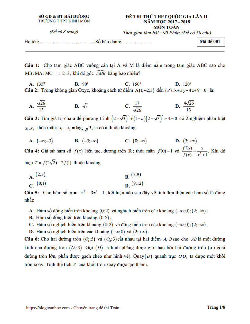 Đề thi thử môn Toán trường THPT Kinh Môn - Hải Dương lần 2 - 2018
