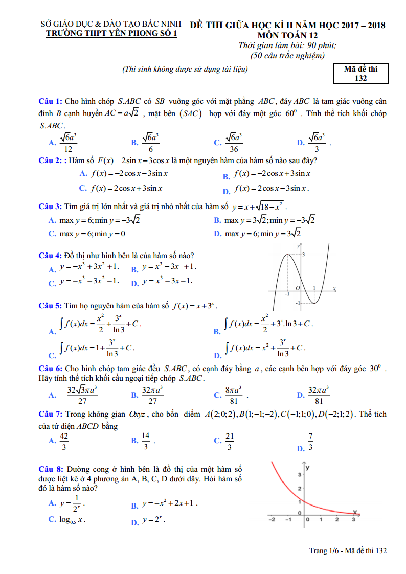 Đề thi HK2 môn Toán 12 trường THPT Yên Phong Số 1 - năm 2017 - 2018