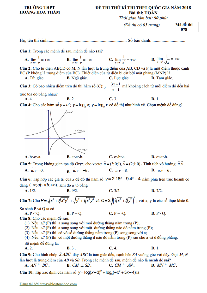 Đề thi thử Toán trường THPT Hoàng Hoa Thám - Hưng Yên - 2018