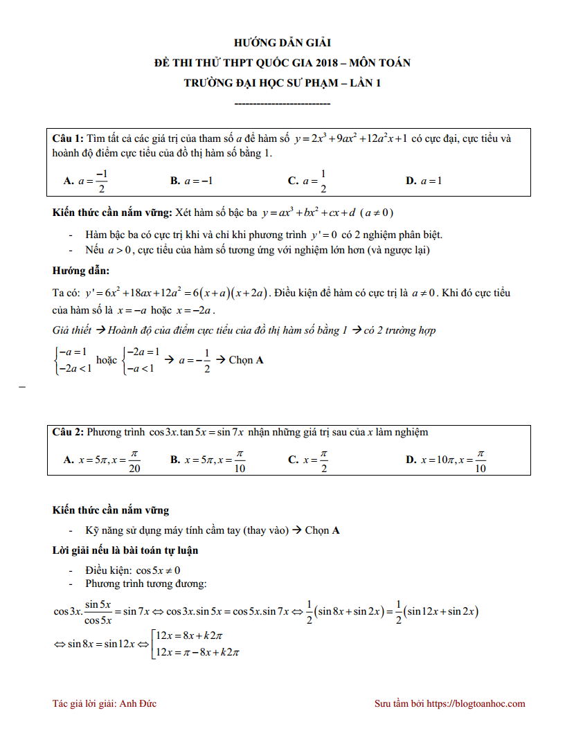 GIẢI CHI TIẾT Đề thi thử Toán Chuyên ĐHSP Hà Nội - lần 1 - 2018