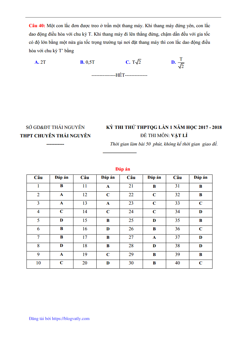 Đề thi thử THPT Quốc Gia môn Lý THPT chuyên Thái Nguyên - lần 1 - 2018