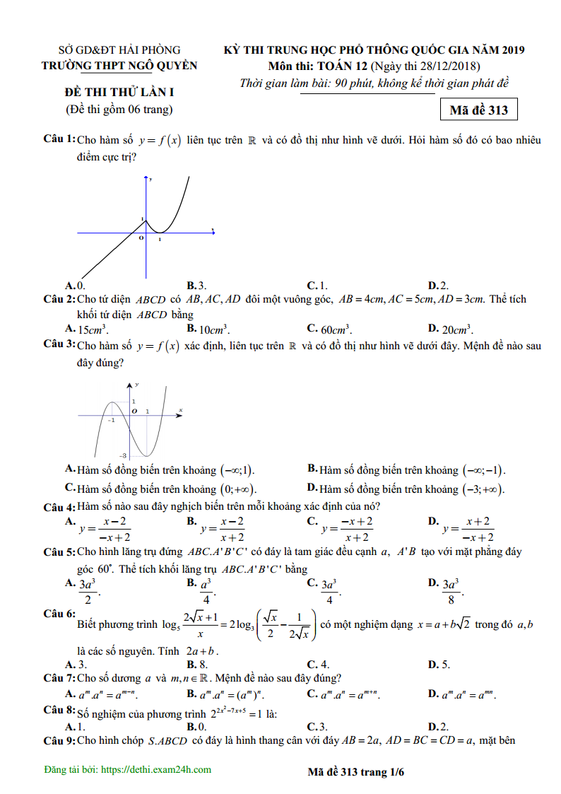 Đề thi thử 2019 môn Toán trường THPT Ngô Quyền - Hải Phòng lần 1
