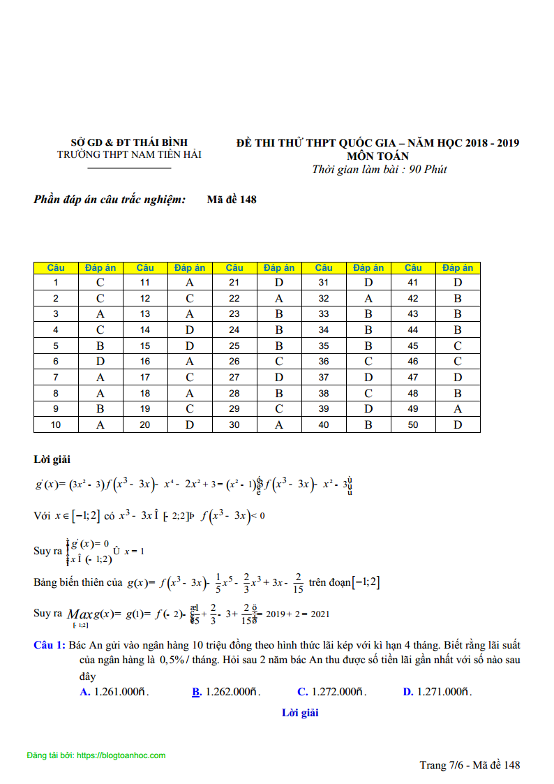 GIẢI CHI TIẾT - Đề thi thử môn Toán trường THPT Tiền Hải - Thái Bình lần 1 - 2019 