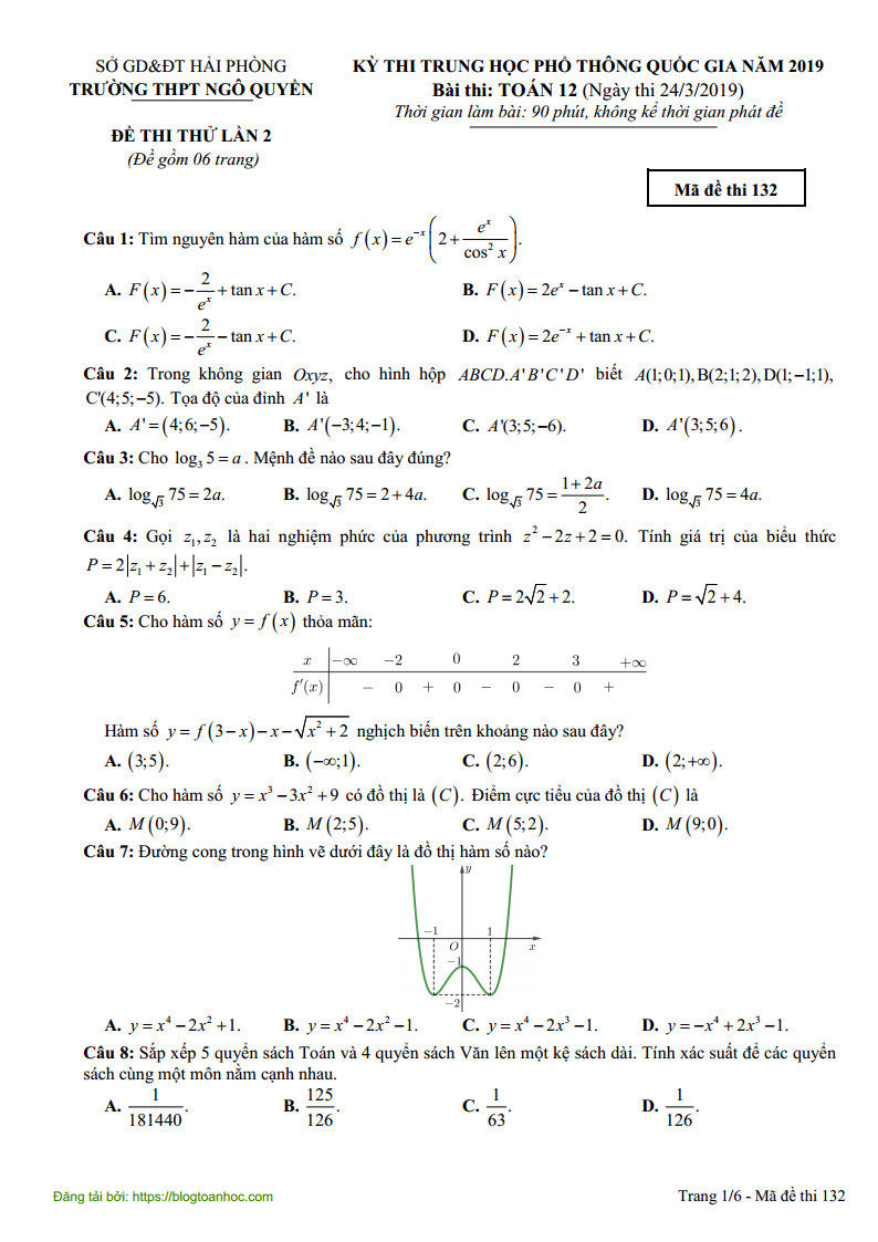 Đề thi thử môn Toán trường THPT Ngô Quyền - Hải Phòng lần 2 - 2019 Có đáp án